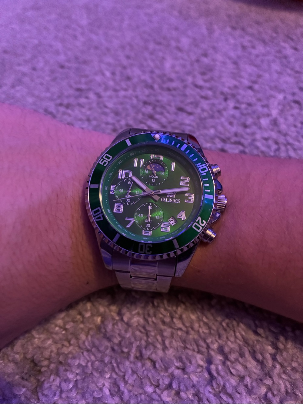 Men's Green Dial Chronograph Watch with Silver Bracelet